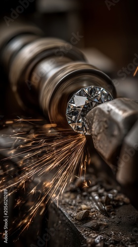 Macro Shot of Gemstone Cutting Process with Precision Grinding Wheel and Sparks