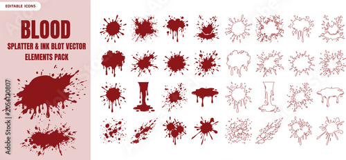 Tableau sur toile Collection of red blood splatter and ink blot vector elements silhouette