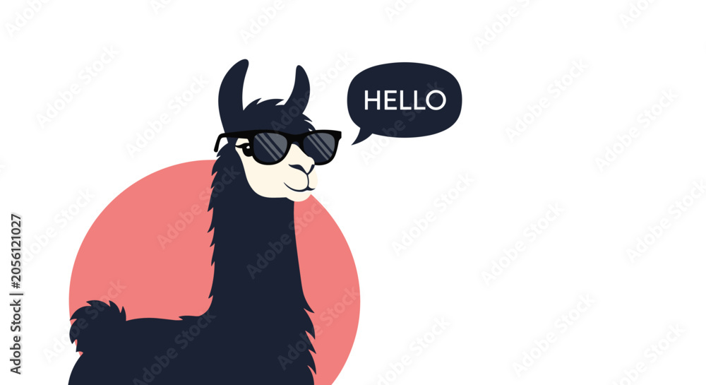 Naklejka premium Cool black llama character wearing dark sunglasses and a speech bubble with the word hello against a pink circular shape.