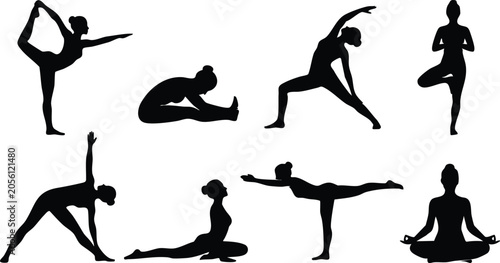 Yoga Silhouette Poses Collection – Advanced Balance, Flexibility and Meditation Yoga Asanas Set Black Silhouettes on White Background