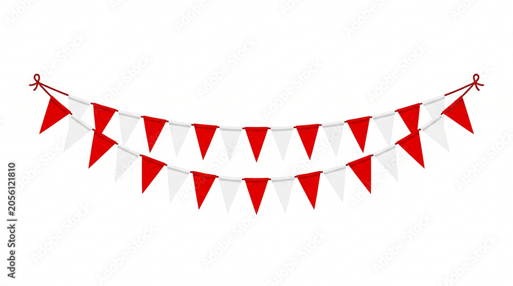 Obraz premium Red and white triangular bunting pennant banner hanging on white background.