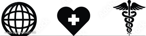 Foto Set of medical symbols featuring a globe heartbeat cross and caduceus icon caduc