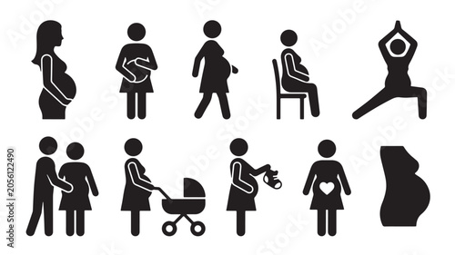 Pregnancy icons, maternity symbols, black silhouette illustrations, 10 icon set, vector eps