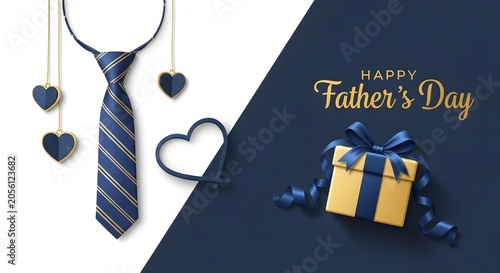 Elegant Father’s Day Greeting with Blue and Gold Gift Box and Necktie Symbolizing Love and Appreciation