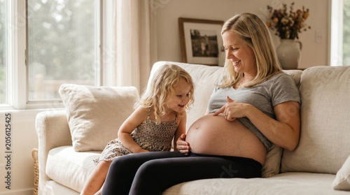 Pregnant woman, happy family, mother and daughter, love, home