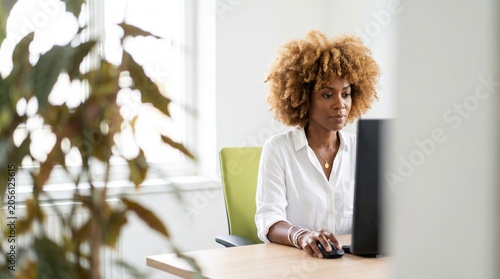 Businesswoman, office worker, curly hair, computer user, professional woman
