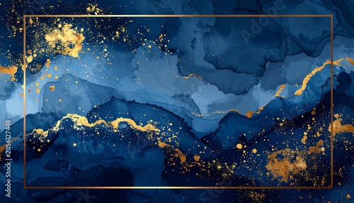 Elegant abstract background with dark blue watercolor textures, gold foil splashes and thin golden frame