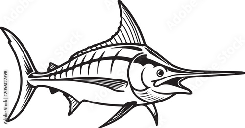 Aggressive Blue Marlin Fish Vintage Line Art Fishing Logo