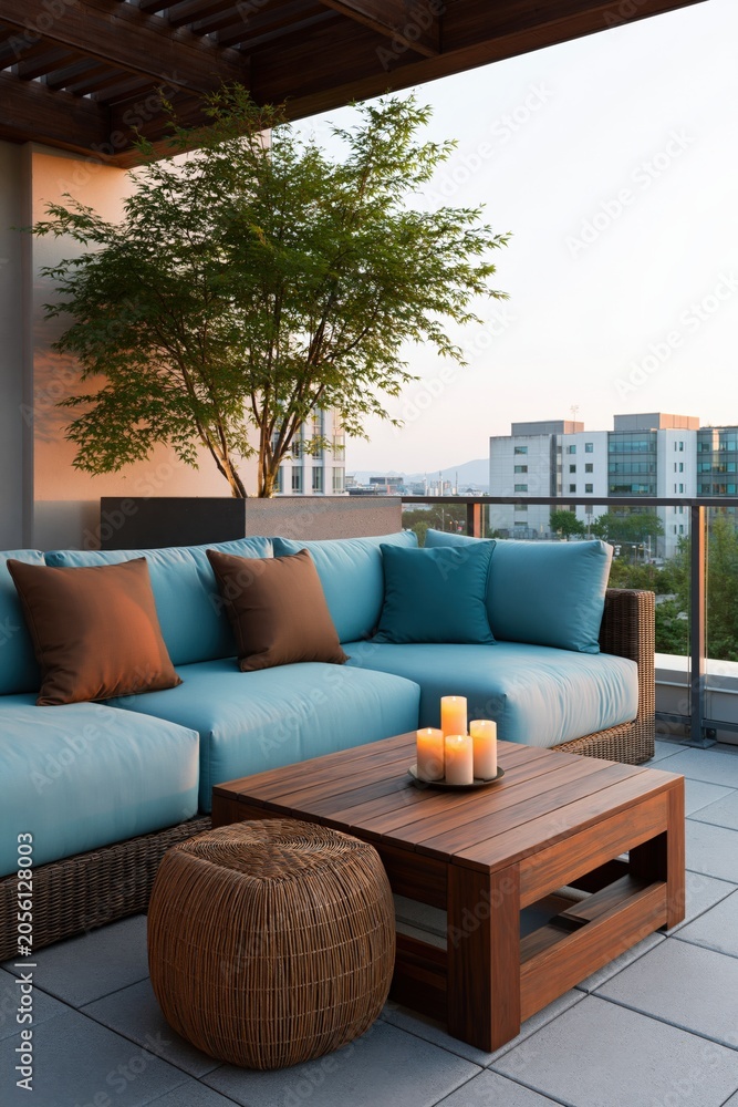 Fototapeta premium Balcony wicker sofa with turquoise cushions and candle centerpiece for cozy outdoor seating and city view background