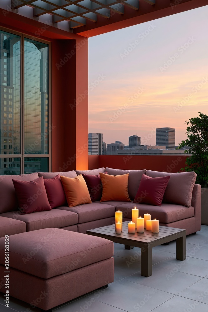 Fototapeta premium Cozy rooftop lounge seating at sunset with candles and cushions for outdoor patio background and banner