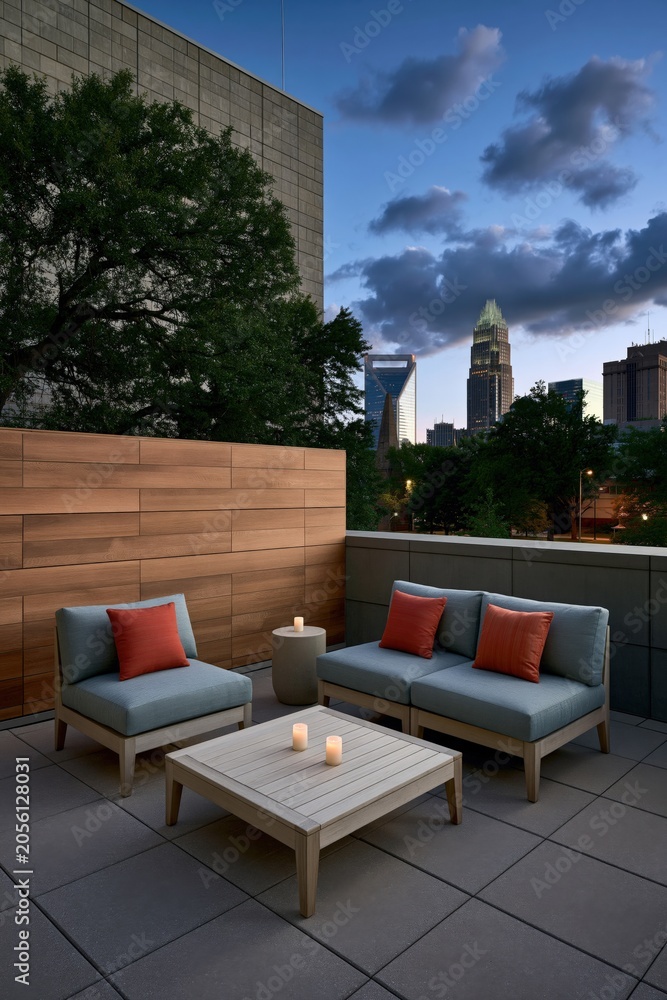 Fototapeta premium Contemporary rooftop lounge with minimalist seating and small candles overlooking city skyline at twilight for background