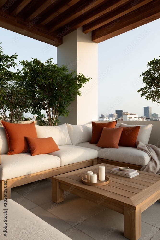 Fototapeta premium Modern outdoor terrace lounge with white sofa and terracotta pillows for balcony background and lifestyle banner design