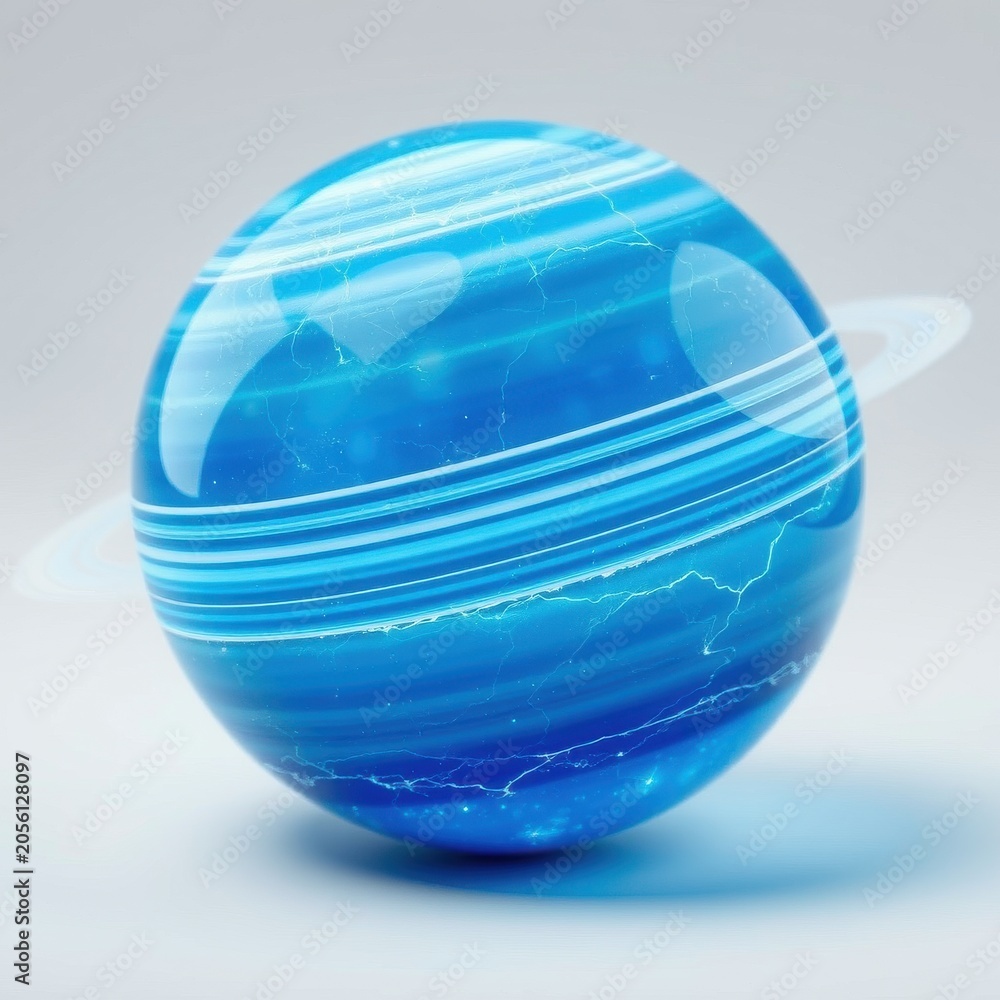 Fototapeta premium Blue planet with rings, lightning visible. Smooth surface, glossy texture, light reflection creates depth. Minimalist style, digital art.