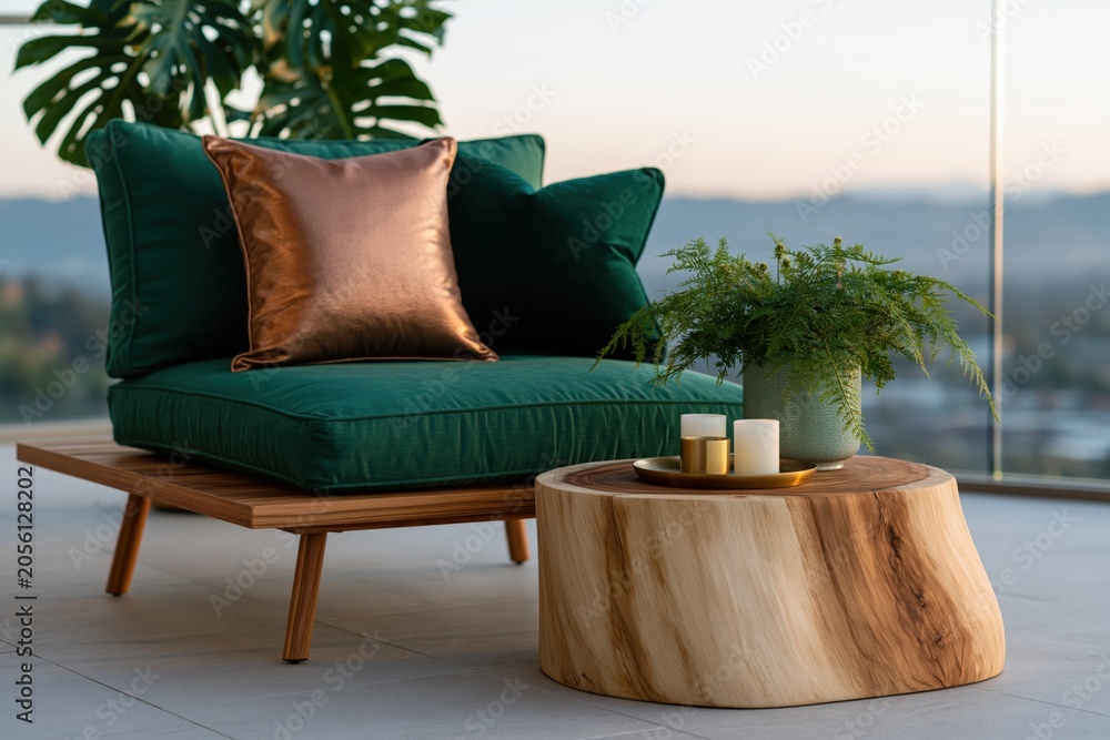 Fototapeta premium Green lounge chair with copper pillow and wooden stump table for minimalist outdoor decor and balcony background