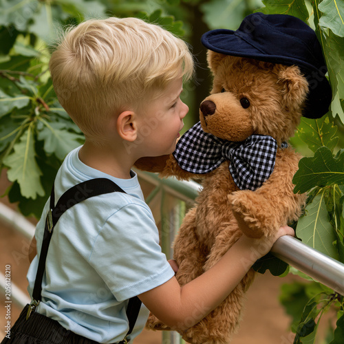 a young boy having a conversation with his teddy bear.