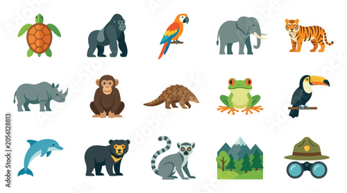 Canvas Print Colorful cartoon jungle wild animals icons.