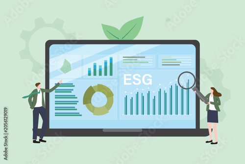 Business Team Analyzing ESG Dashboard on Laptop with Charts and Green Leaf, Sustainability Concept