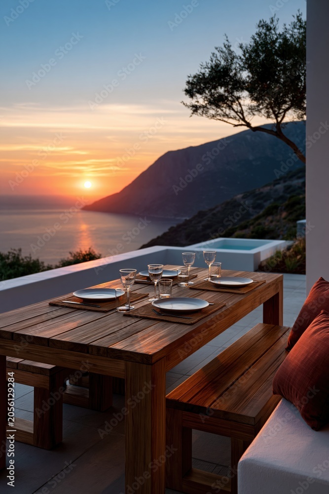 Fototapeta premium Sea view terrace with wooden dining bench set and sunset over cliffs for hospitality background and outdoor dining banner