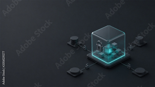 Minimal confidential computing concept with data processing inside a sealed secure enclave on a dark background with copy space
