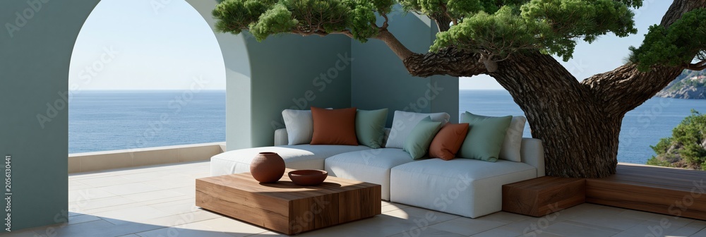 Fototapeta premium Mediterranean terrace sea view sofa under tree with arch and wooden coffee table for minimalist outdoor background and coastal design