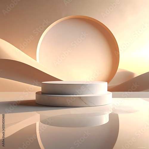 A beige circular platform and half-circle arch in warm desert light