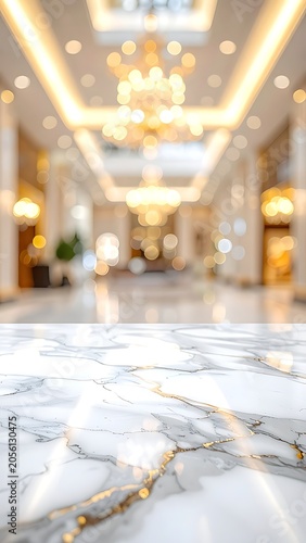 A blurred luxurious interior with marble floor and chandeliers