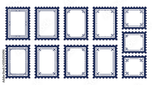 Konstfotografi Postage stamp frame set vector navy blue perforated border templates with corner