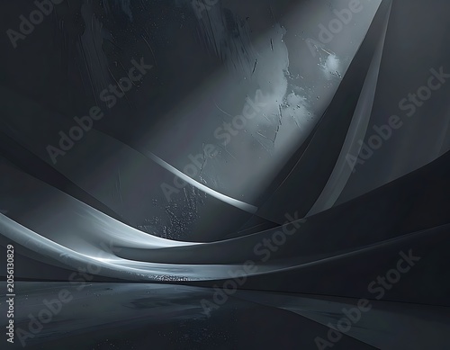 A dark gray abstract scene with curved surfaces