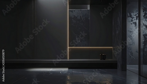 A dimly lit room with a built-in bench and marble walls