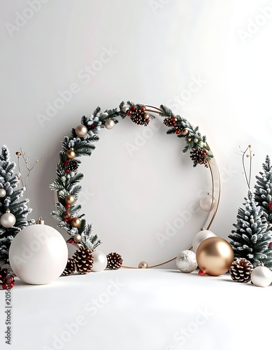 A festive holiday scene with a wreath, ornaments, and trees