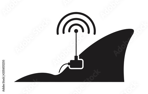 Photos Black silhouette of shark fin with tracking transmitter antenna and signal waves