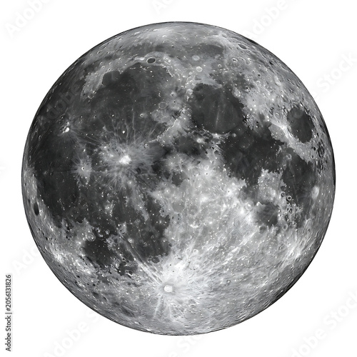 Detailed full moon surface with craters and maria, isolated on transparent background 
