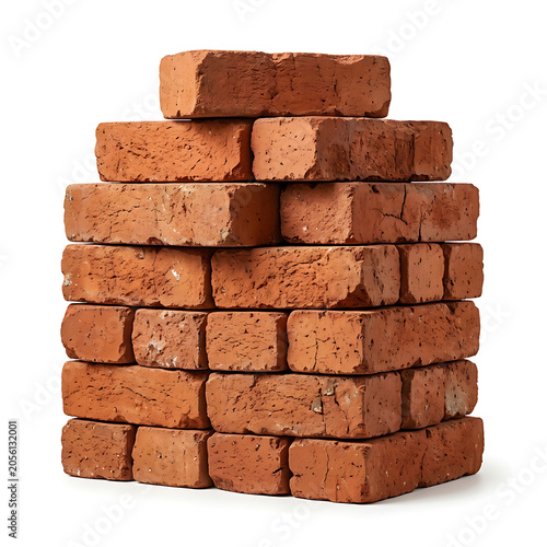 Stack of three red clay bricks isolated
