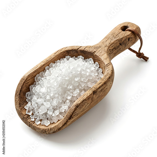 Wooden scoop filled with coarse sea salt, isolated on transparent background 
