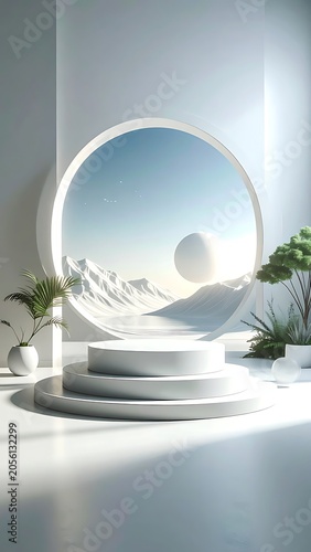 A serene white room with a circular window to a mountainous landscape