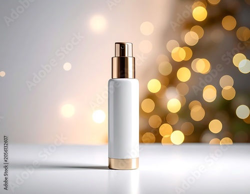 A white cosmetic bottle with gold accents on a white surface