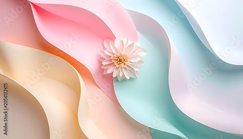 A vibrant, wavy abstract design with a white flower