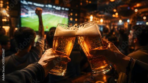 Clinking beer glasses at sports bar, hands cheering with pint of lager during football soccer game transmission on television screen blur background, pub celebration party and friendship