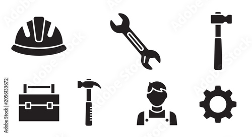Construction Tools And Worker Icons With Gear Symbol