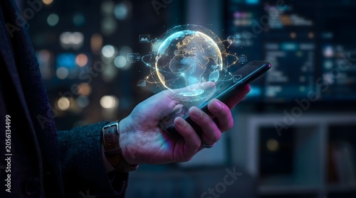 Hand holding smartphone displaying holographic earth with data visualizations
