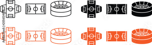 Minimalist stadium and sports field icons in black and orange