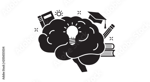 Creative Brain Illustration With Light Bulb And Education Symbols