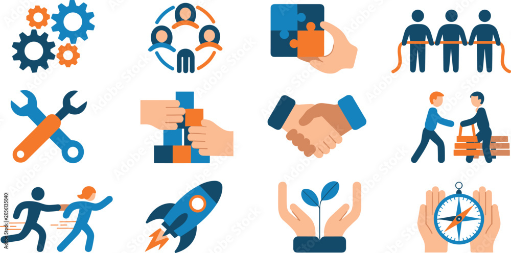 Fototapeta premium Set of business teamwork and leadership icons featuring professional collaboration, strategy, growth, and success in flat vector style