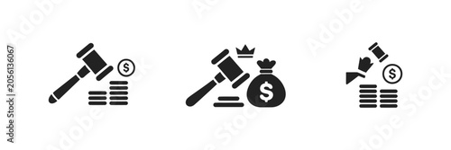 Fotografie Money Bag, Gavel and Coins Icon Set, Vector Illustration for Financial Law, Auct
