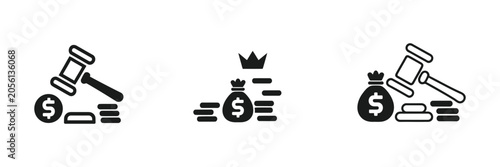 Fotografie Money Bag, Gavel and Coins Icon Set, Vector Illustration for Financial Law, Auct