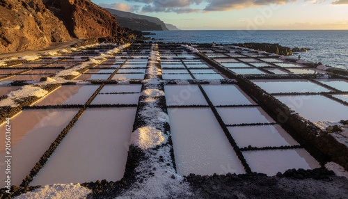 Traditional Sea Salt Drying Pans on Coastal Shoreline