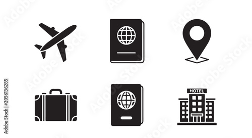 Travel Icons Collection With Airplane Passport Suitcase Hotel