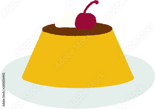 Cute hand drawn caramel pudding topped with whipped cream and a cherry, isolated vector illustration