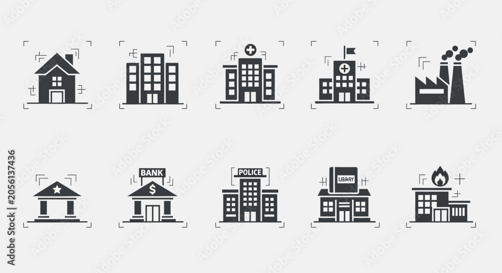Fototapeta premium Collection of diverse building icons representing various institutions and structures.