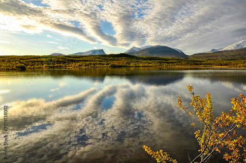 Mountain lake in autumn. Abisko national park in north of Sweden.
